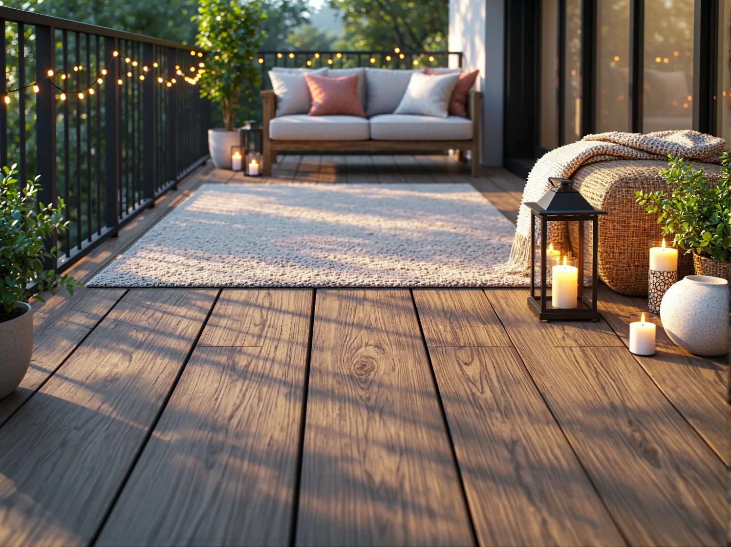 Przytulna strefa wypoczynku na balkonie z luksusowymi dodatkami i nastrojowymi lampami LED w kolorze pastelowym.