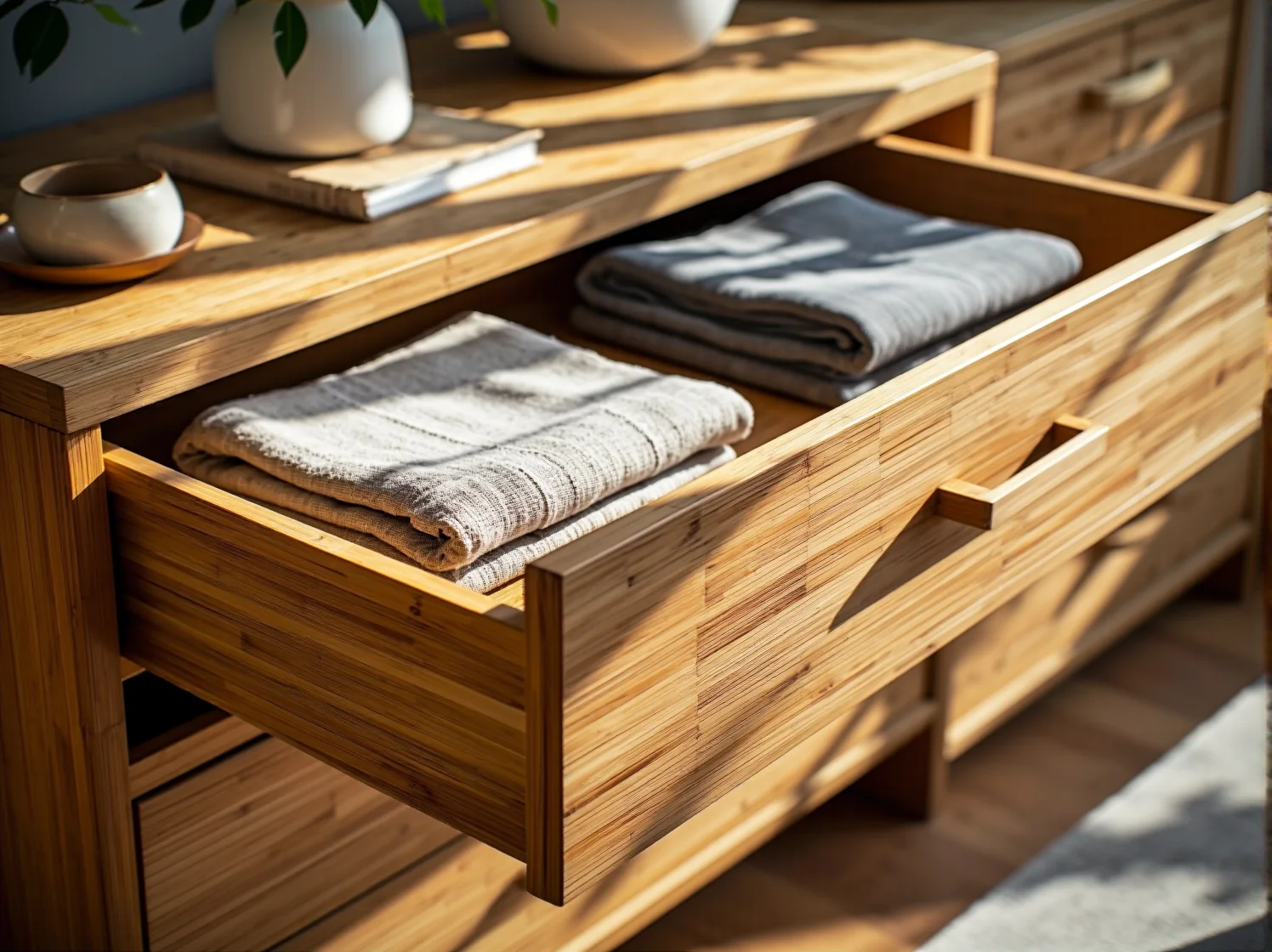 Bambusowa komoda jako stylowy element dekoracyjny podkreślający ekologiczny charakter nowoczesnego domu.