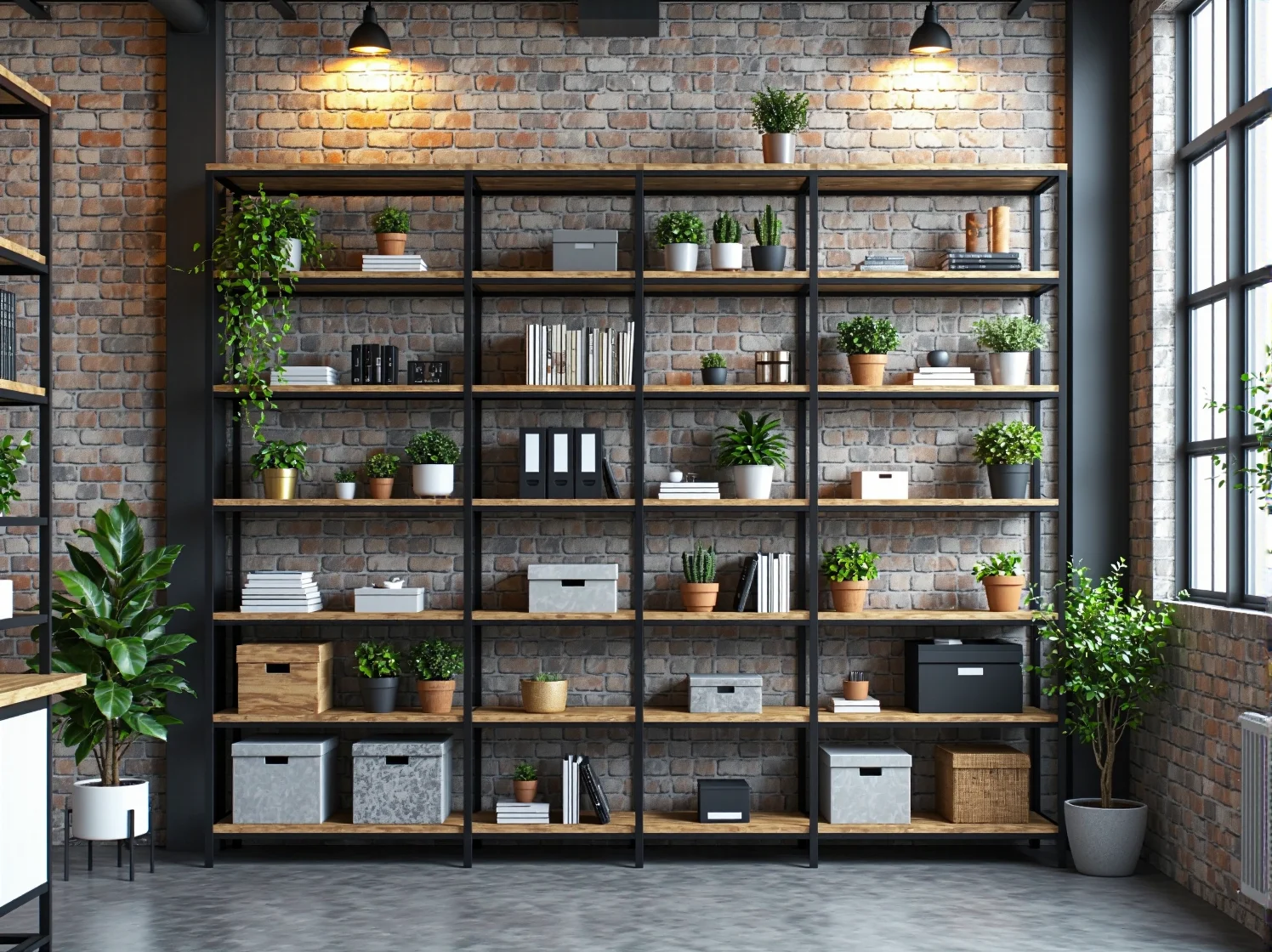 Stylowe meble industrialne do biura – loftowe biurko i designerskie oświetlenie na tle ceglanej ściany.