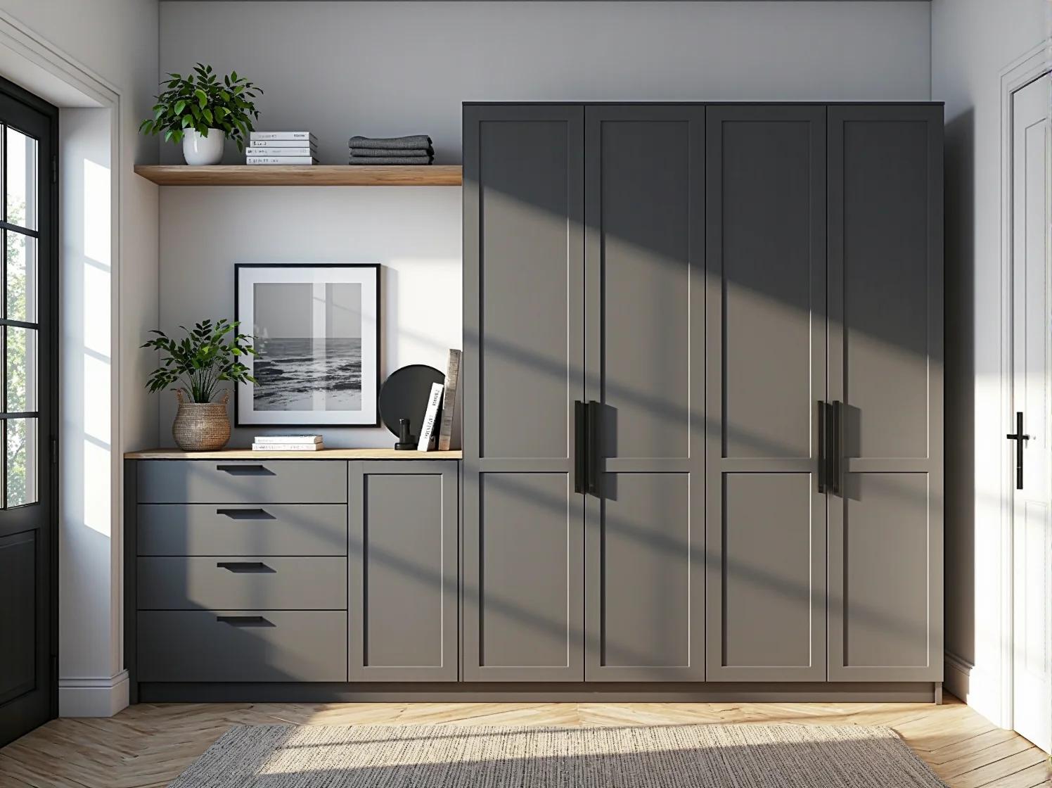 Nowoczesna szafa modułowa na drewnianych nóżkach idealna do przedpokoju w stylu skandynawskim.