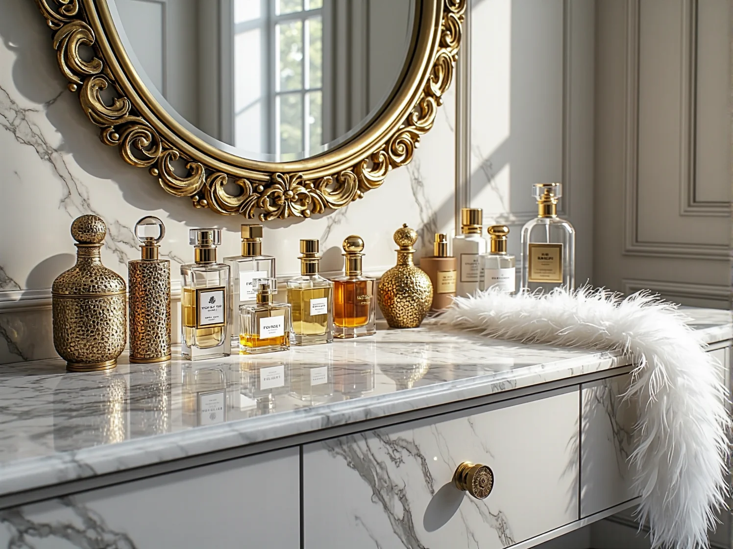 Klasyczna toaletka z lustrem inspirowana złotymi latami Hollywood i designem glamour.