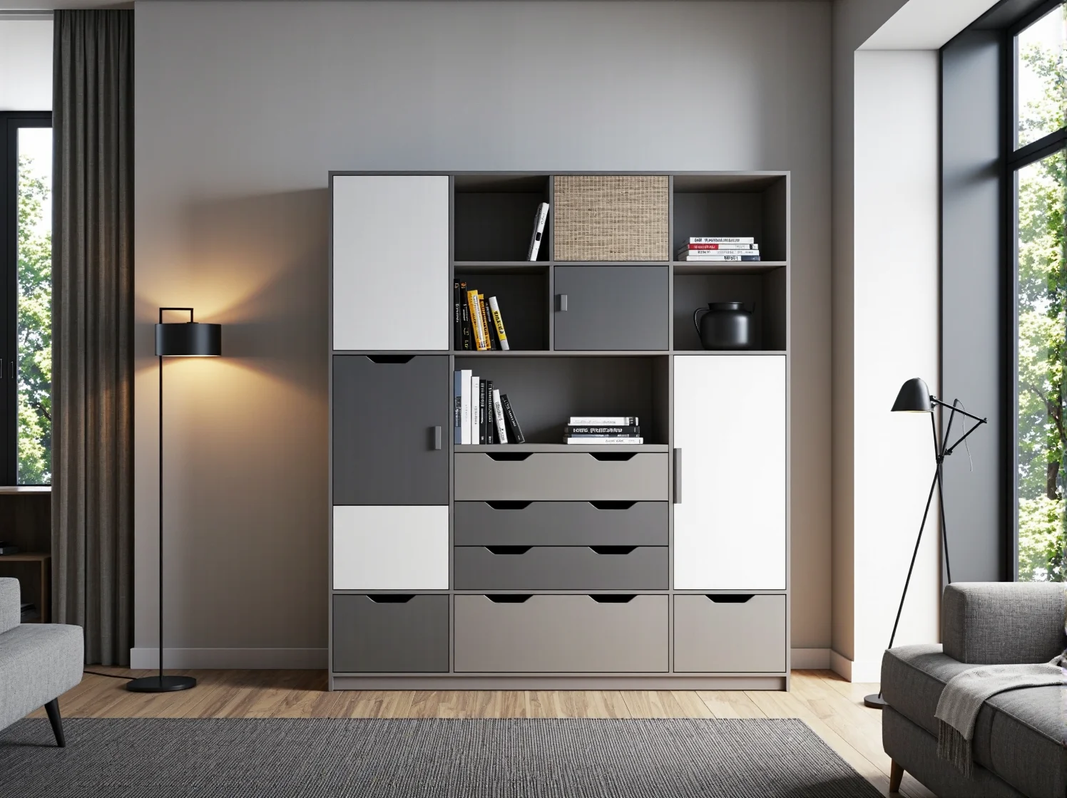 Wąska komoda modułowa w sypialni. Idealny mebel do przechowywania w małym mieszkaniu według rankingu.