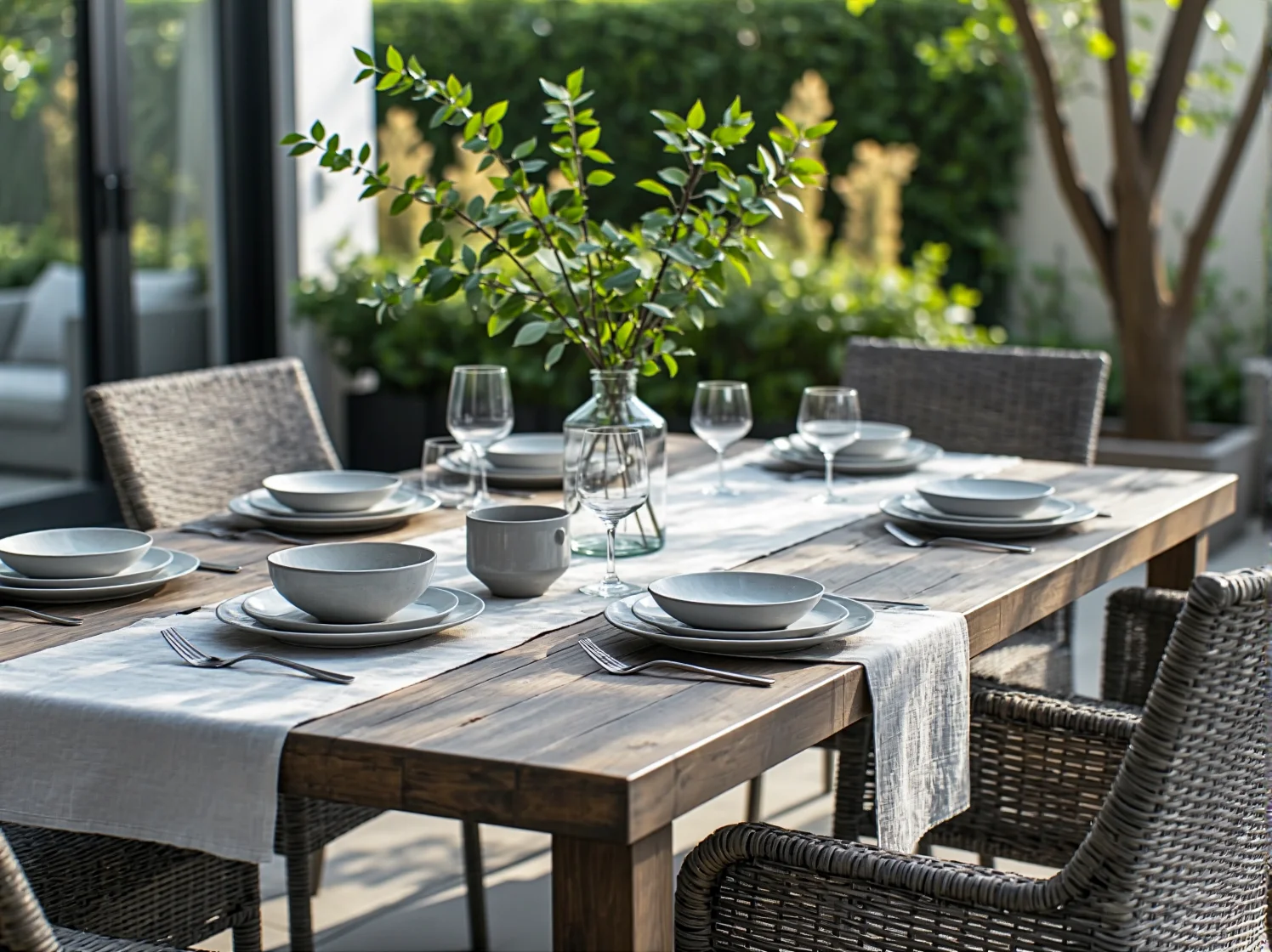 Wytrzymały stół ogrodowy z drewna tekowego odporny na deszcz i słońce.